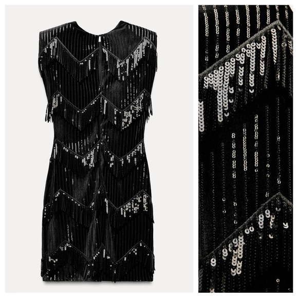 NWT. Zara Black Velvet Fringe and Sequin Mini Dress. Size M. - Picture 3 of 10